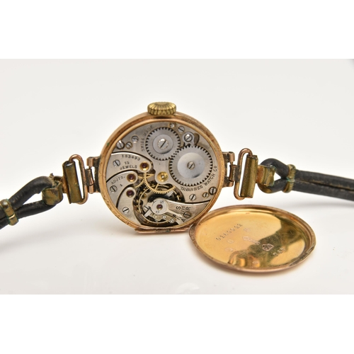 472 - AN EARLY 20TH CENTURY 9CT GOLD LADIES WRISTWATCH, manual wind, round white dial with Arabic numerals... 