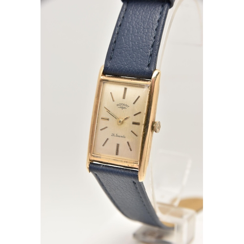 478 - A LADIES YELLOW METAL 'ROTARY' WRISTWATCH, manual wind, rectangular gold tone dial signed 'Rotary 21... 