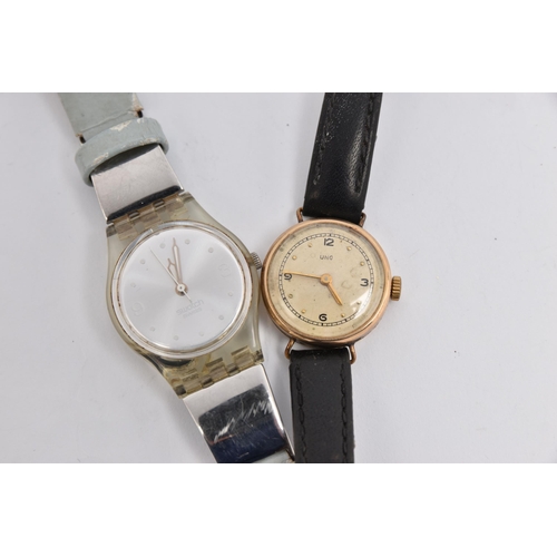 479 - TWO LADIES WRISTWATCHES, to include a 9ct gold 'Uno' manual wind watch, silvered dial with quarter A... 