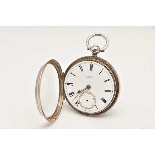 484 - A LATE VICTORIAN SILVER OPEN FACE POCKET WATCH, key wound, round white dial signed 'Tepper Balham', ... 