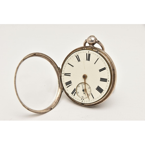 486 - A VICTORIAN SILVER OPEN FACE POCKET WATCH, key wound, round white Roman numeral dial, subsidiary sec... 