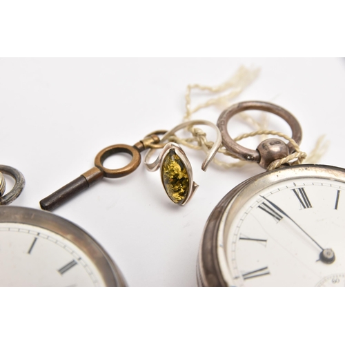 487 - TWO SILVER OPEN FACE POCKET WATCHES, one key wound, with engine turned pattern and vacant cartouche,... 