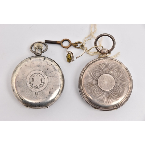 487 - TWO SILVER OPEN FACE POCKET WATCHES, one key wound, with engine turned pattern and vacant cartouche,... 