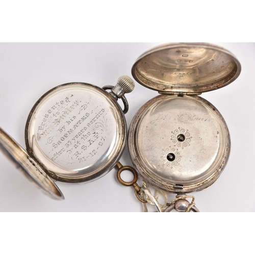 487 - TWO SILVER OPEN FACE POCKET WATCHES, one key wound, with engine turned pattern and vacant cartouche,... 