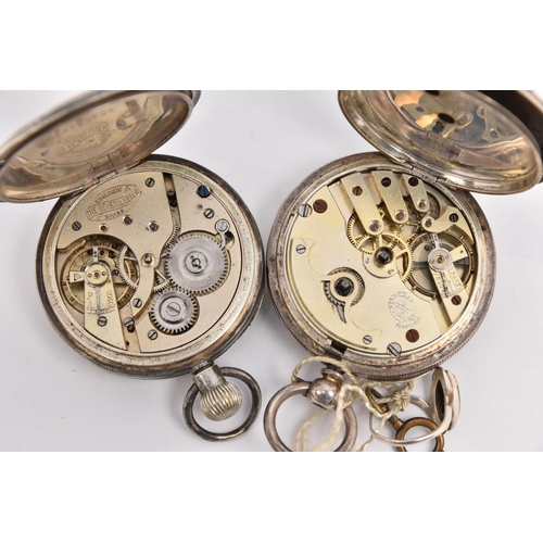 487 - TWO SILVER OPEN FACE POCKET WATCHES, one key wound, with engine turned pattern and vacant cartouche,... 