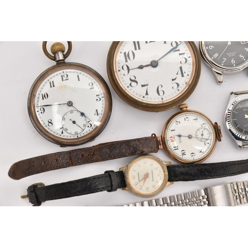 489 - AN ASSORTMENT OF WATCHES, an early 20th century 'Waltham' rolled gold wristwatch, seven additional w... 