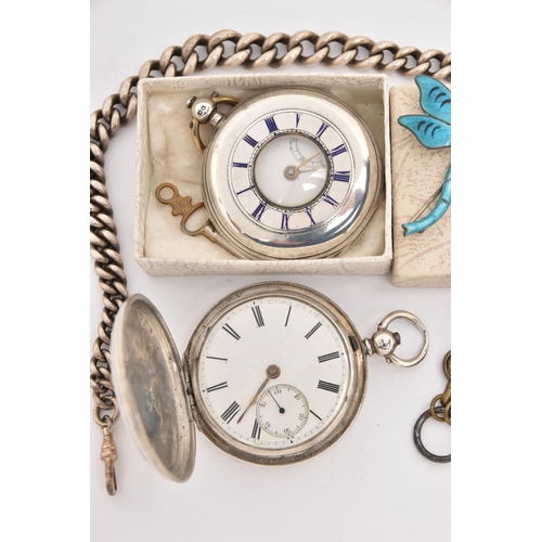 491 - TWO SILVER POCKET WATCHES, ALBERT CHAIN AND TWO BROOCHES, the first a silver key wound half hunter p... 