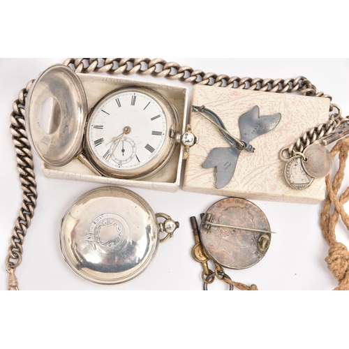 491 - TWO SILVER POCKET WATCHES, ALBERT CHAIN AND TWO BROOCHES, the first a silver key wound half hunter p... 