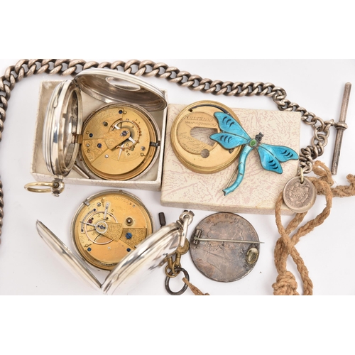 491 - TWO SILVER POCKET WATCHES, ALBERT CHAIN AND TWO BROOCHES, the first a silver key wound half hunter p... 