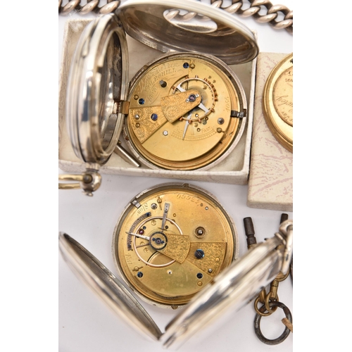 491 - TWO SILVER POCKET WATCHES, ALBERT CHAIN AND TWO BROOCHES, the first a silver key wound half hunter p... 