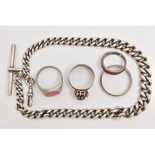 498 - A SILVER ALBERT CHAIN AND FOUR RINGS, the graduated curb link Albert chain, each link stamped with a... 