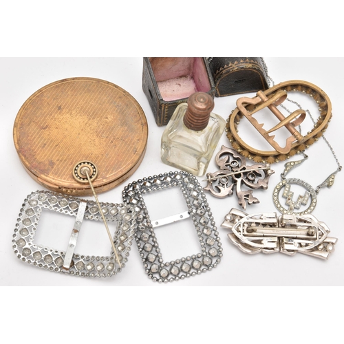 511 - A SMALL SELECTION OF ITEMS, to include a mother of pearl compact, a pair of imitation cut steel buck... 