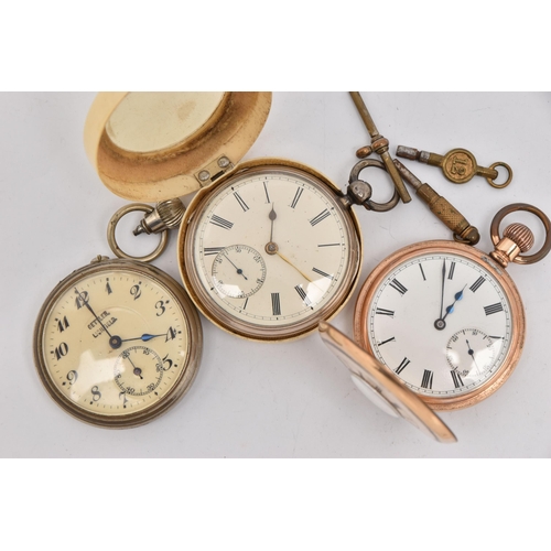 520 - THREE POCKET WATCHES, to include a late Victorian, silver key wound, open face pocket watch, round w... 