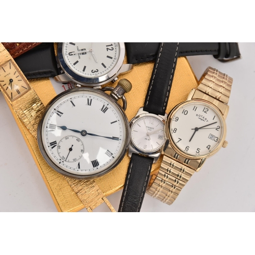 522 - A BOX OF ASSORTED WRISTWATCHES AND TWO POCKET WATCHES, to include a ladies 'Tissot PR 50' with black... 