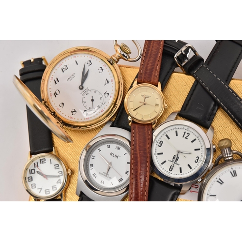 522 - A BOX OF ASSORTED WRISTWATCHES AND TWO POCKET WATCHES, to include a ladies 'Tissot PR 50' with black... 