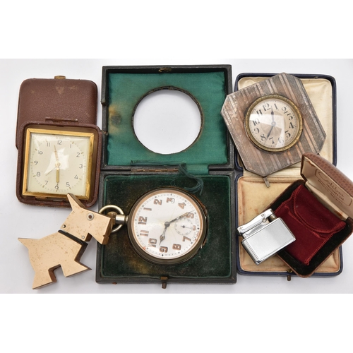 523 - AN ASSORTMENT OF ITEMS, to include a novelty Bakelite dog lighter, a cased Colibri lighter, an art d... 