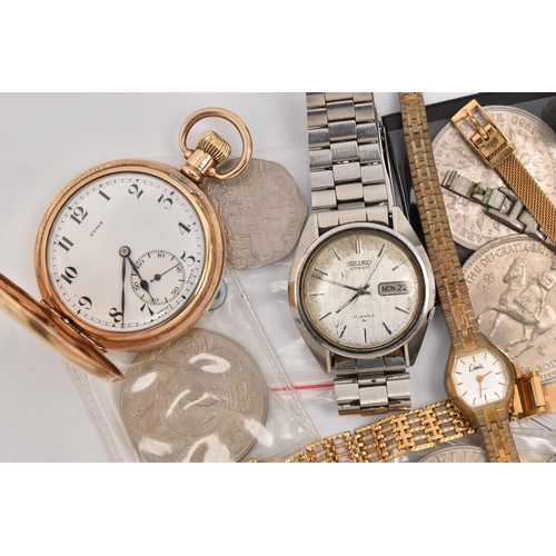 524 - A BAG OF ASSORTED WRISTWATCHES, POCKET WATCHES AND COMMEMORATIVE COINS, to include a gents 'Seiko' a... 