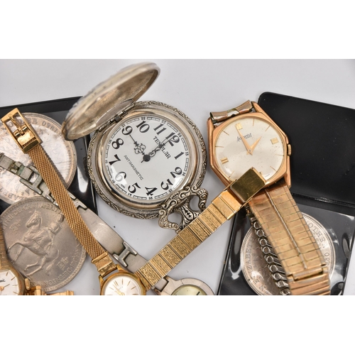 524 - A BAG OF ASSORTED WRISTWATCHES, POCKET WATCHES AND COMMEMORATIVE COINS, to include a gents 'Seiko' a... 