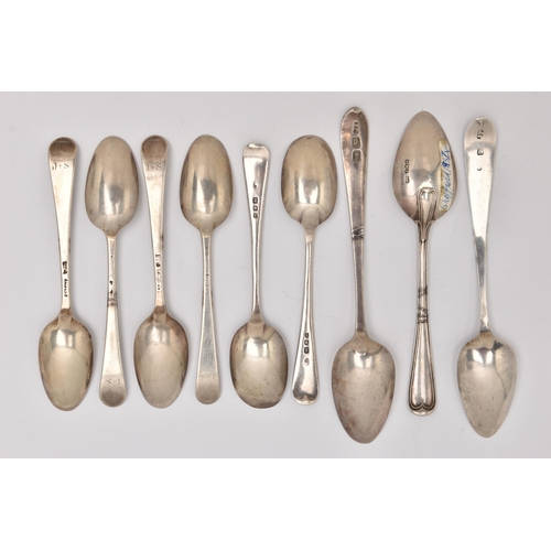 527 - AN ASSORTMENT OF SILVER TEASPOONS, to include four Hanoverian pattern teaspoons, two old English pat... 