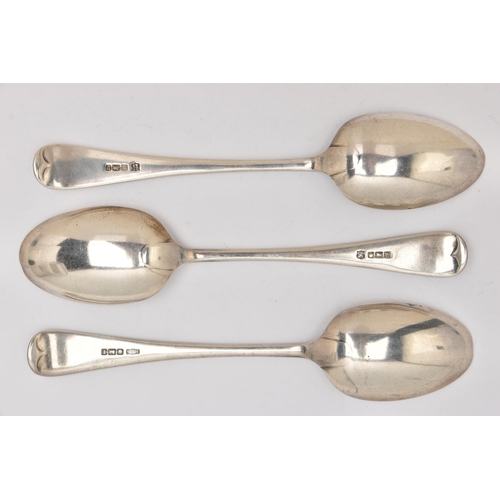 531 - THREE SILVER SERVING SPOONS, old English pattern spoons each with monogram engraving, hallmarked She... 