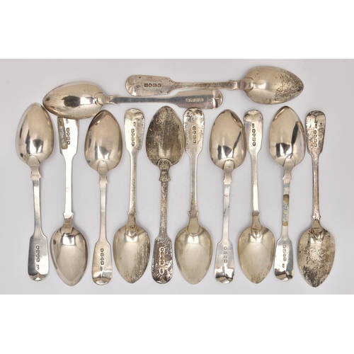 534 - A SET OF TWELVE SILVER DESSERT SPOONS, fiddle pattern with monogram engraving, hallmarked London, ap... 