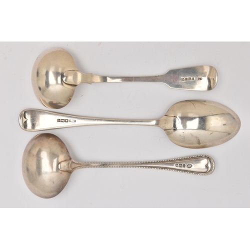 540 - SILVER TABLEWARE, to include a ladle with beaded pattern, hallmarked Sheffield, a fiddle pattern lad... 