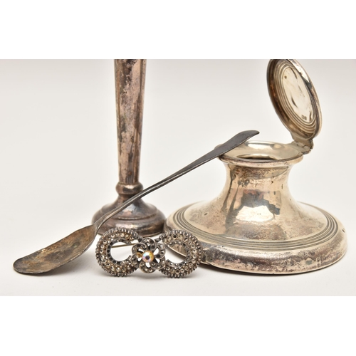 549 - A SILVER INK WELL, POSY VASE AND SPOON, WITH BROOCH, the circular weighted base ink well with hinged... 