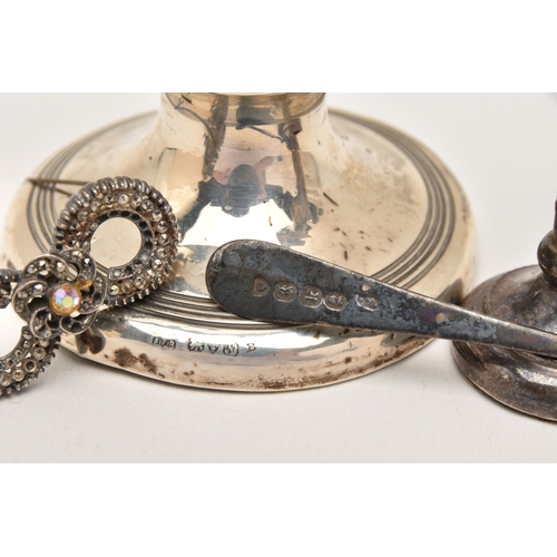 549 - A SILVER INK WELL, POSY VASE AND SPOON, WITH BROOCH, the circular weighted base ink well with hinged... 