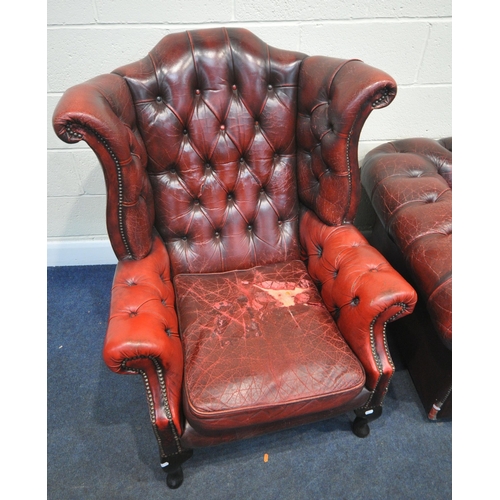 154 - A CHESTERFIELD OXBLOOD LEATHER BUTTON BACK THREE SEATER SOFA, length 190cm x depth 92cm x height 66c... 