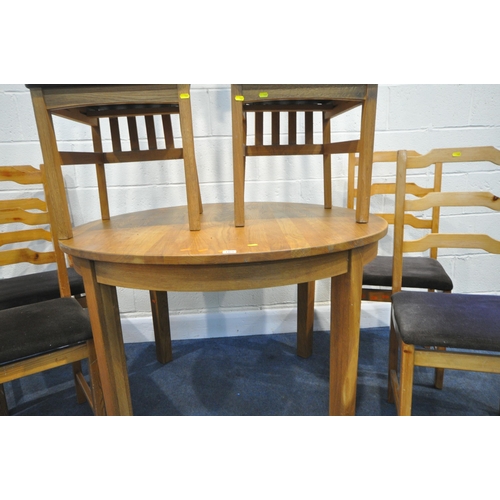 165 - A CIRCULAR HARDWOOD TABLE, diameter 110cm x height 75cm, a set of four pine chairs, along with a pai... 