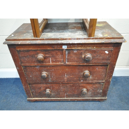 174 - A 19TH CENTURY STAINED PINE CHEST OF TWO SHORT OVER TWO LONG DRAWERS, width 90cm x depth 47cm x heig... 