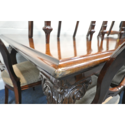 175 - A REPRODUCTION MAHOGANY RECTANGULAR TABLE, raised on cabriole legs, with foliate details, and ball a... 