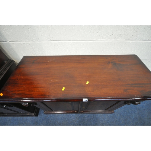 176 - A 20TH CENTURY MAHOGANY SIDEBOARD, fitted with two drawers, over double cupboard doors, width 122cm ... 