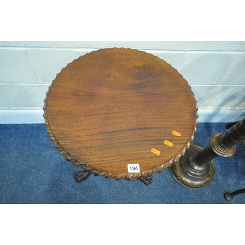 184 - A REPRODUCTION MAHOGANY CIRCULAR TILT TOP TRIPOD TABLE, with a bird cage mechanism, tapered support,... 