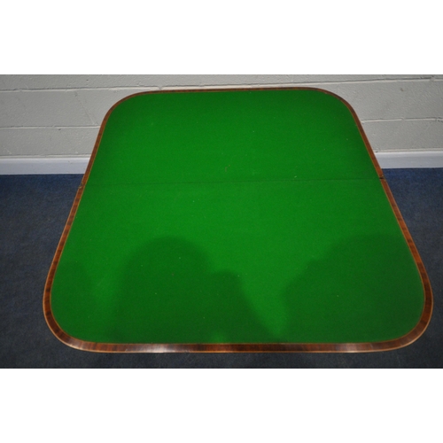 187 - A GEORGIAN MAHOGANY FOLD OVER CARD TABLE, with a green baize playing surface, raised on square taper... 