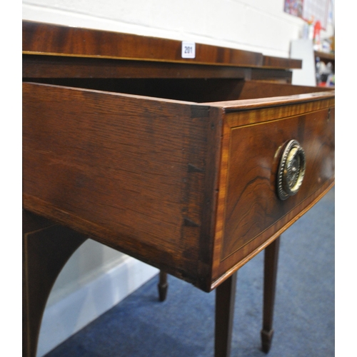 201 - A 20TH CENTURY MAHOGANY BREAKFRONT SIDEBOARD, fitted with one deep drawer, another drawer, and a sin... 