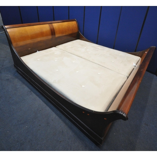 206 - AND SO TO BED, A MODEL PALAIS WALNUT AND CHERRY VENEER LARGE EMPEROR SLEIGH BED, with dipped side ra... 