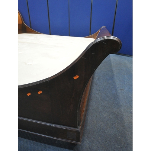 206 - AND SO TO BED, A MODEL PALAIS WALNUT AND CHERRY VENEER LARGE EMPEROR SLEIGH BED, with dipped side ra... 