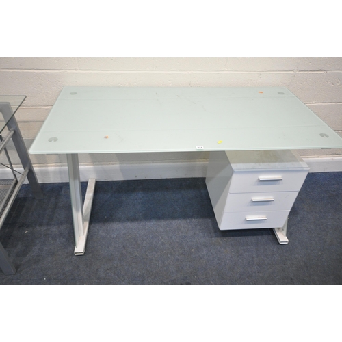 221 - A JOHN LEWIS GLASS ZANE DESK, with three drawers, width 140cm x depth 70cm x height 77cm, along with... 