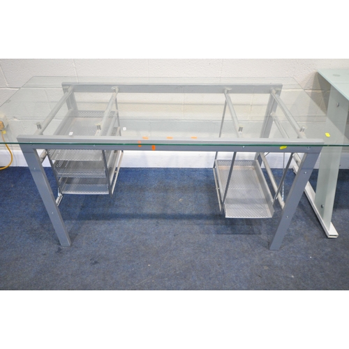 221 - A JOHN LEWIS GLASS ZANE DESK, with three drawers, width 140cm x depth 70cm x height 77cm, along with... 