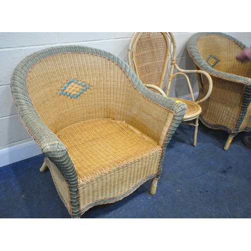 222 - A PAIR OF WIDE WICKER ARMCHAIRS, width 85cm x depth 81cm x height 84cm, along with another wicker ch... 