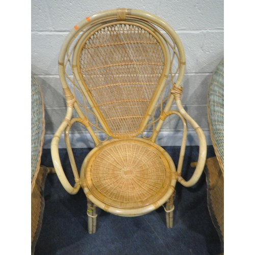 222 - A PAIR OF WIDE WICKER ARMCHAIRS, width 85cm x depth 81cm x height 84cm, along with another wicker ch... 