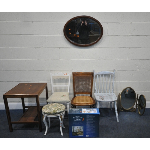 223 - THREE ODD CHAIRS, an oval bevelled edge wall mirror, a triple dressing mirror, a stool, a boxed ease... 