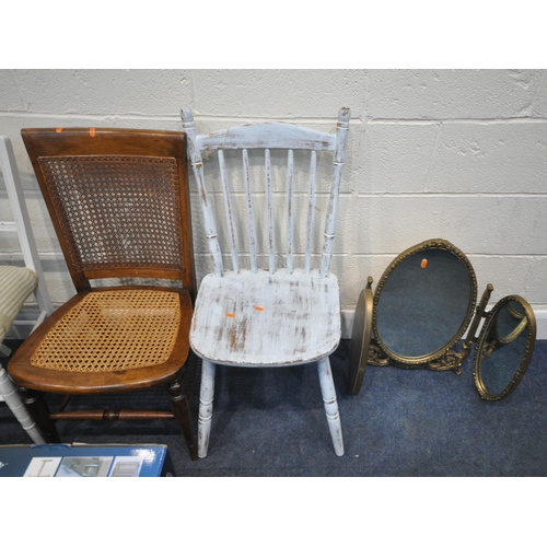 223 - THREE ODD CHAIRS, an oval bevelled edge wall mirror, a triple dressing mirror, a stool, a boxed ease... 