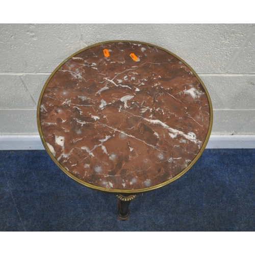 235 - A 20TH CENTURY CIRCULAR SIDE TABLE, with a marble effect insert, brass banding, and decorative mount... 