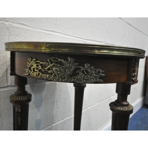 235 - A 20TH CENTURY CIRCULAR SIDE TABLE, with a marble effect insert, brass banding, and decorative mount... 