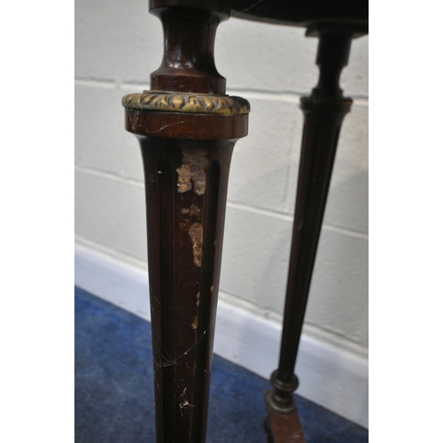 235 - A 20TH CENTURY CIRCULAR SIDE TABLE, with a marble effect insert, brass banding, and decorative mount... 