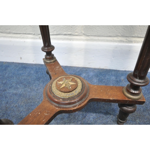 235 - A 20TH CENTURY CIRCULAR SIDE TABLE, with a marble effect insert, brass banding, and decorative mount... 