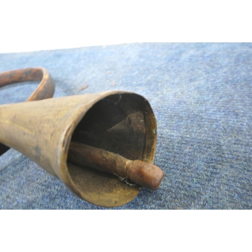 239 - A BRASS CATTLE / COW BELL, with a bentwood collar, condition report: historical wear and usage