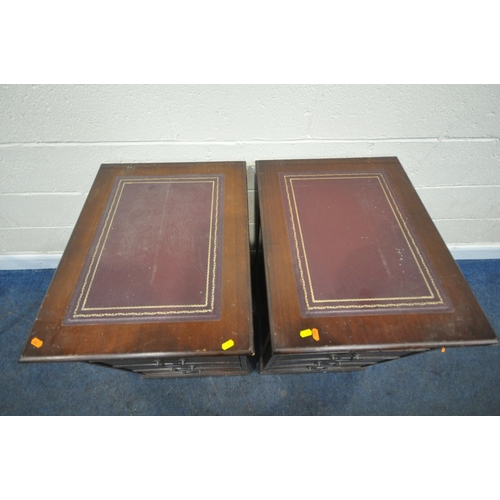 240 - A PAIR OF 20TH CENTURY MAHOGANY TWO DRAWER FILING CABINETS, each with a purple leather writing surfa... 